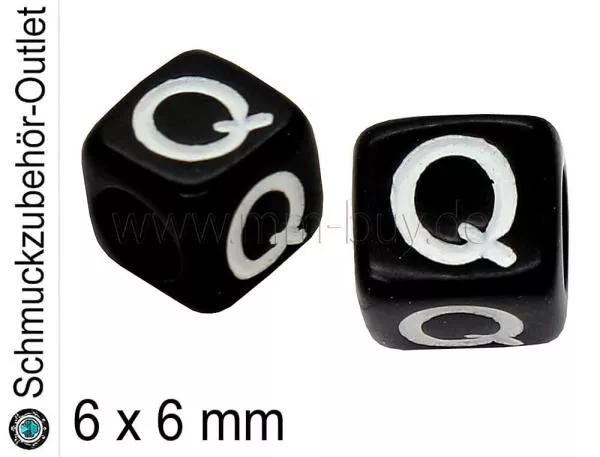 Buchstabenperlen „Q“, Würfel, schwarz, Ø: 6x6 mm, 5 Stück