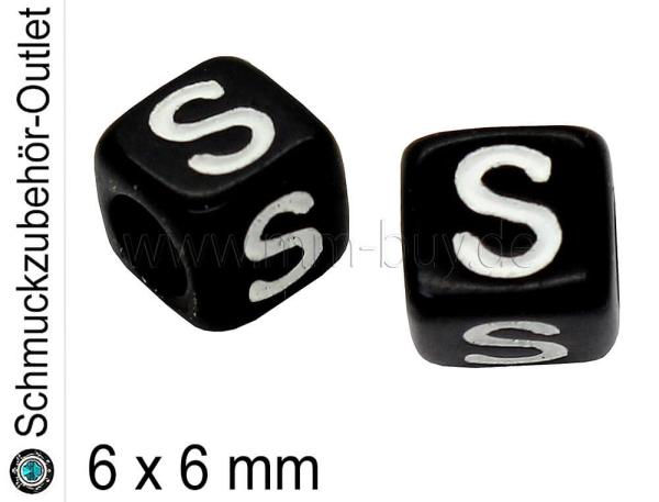 Buchstabenperlen „S“, Würfel, schwarz, Ø: 6x6 mm, 5 Stück