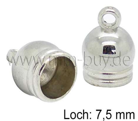 Schmuck Endkappen mit Öse „Glocke“ , Kunststoff, rund, Farbe: platin, 14x9 mm, Loch: 7,5 mm, 10 Stück