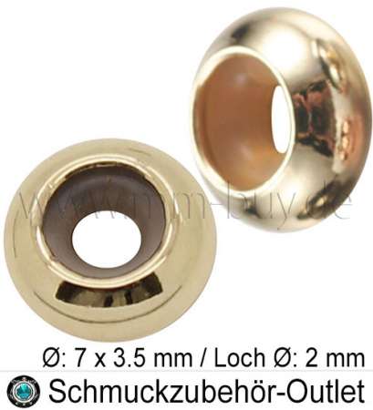 Verschluss-Perle mit Gummi, verstellbar, goldfarben, Ø: 7x3.5 mm, Loch: 2 mm, 1 Stück