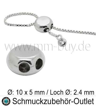 Perlenverschluss mit Gummi, verstellbar, rhodiniert, Ø: 9x5 mm, Loch: 2.4 mm, 1 Stück
