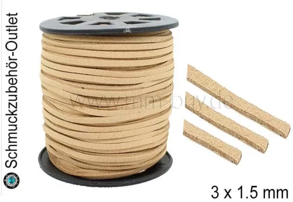 Flaches Band, Wildlederoptik, beige, 3 x 1.5 mm, 1 Meter