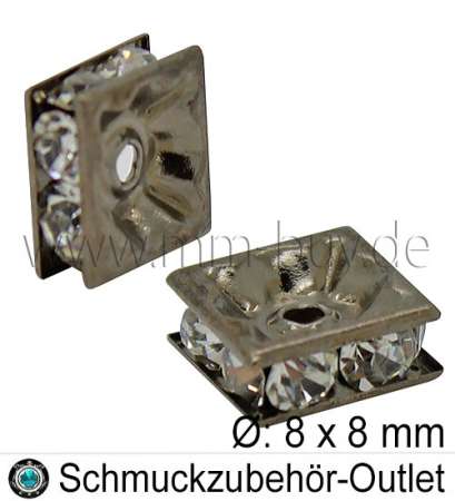 Zwischenperlen mit Strass, Quadrat, schwarz oxidiert, 8x8 mm, 5 Stück