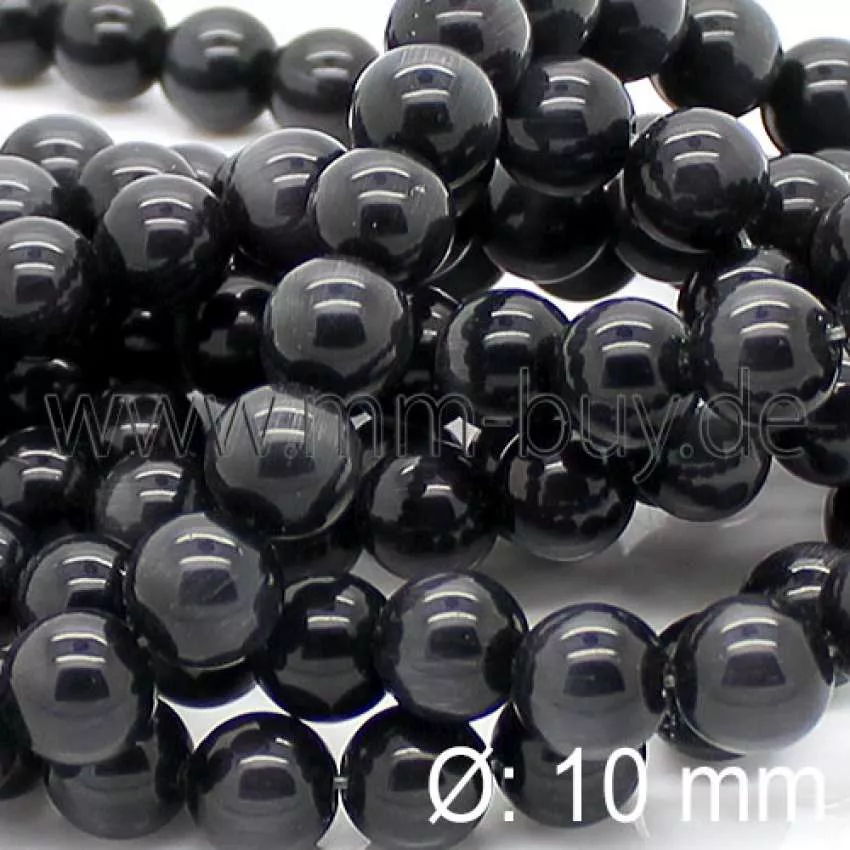 Cateye Perlen, Glasperlen, schwarz, 10 mm, 1 Strang