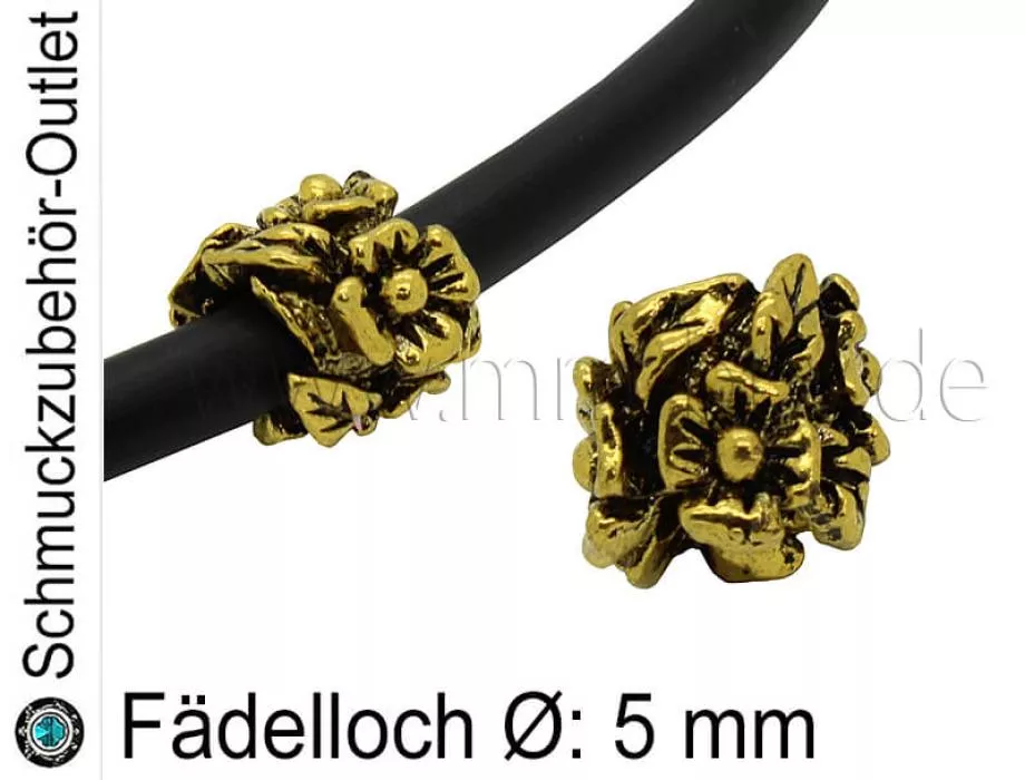 Metall Großlochperlen Blume goldfarben (Fädelloch Ø: 5 mm), 1 Stück