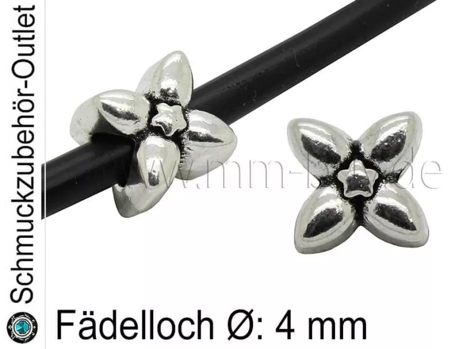 Metall Großlochperlen [Blume] - silberfarben - Fädelloch Ø: 4 mm - 1 Stück
