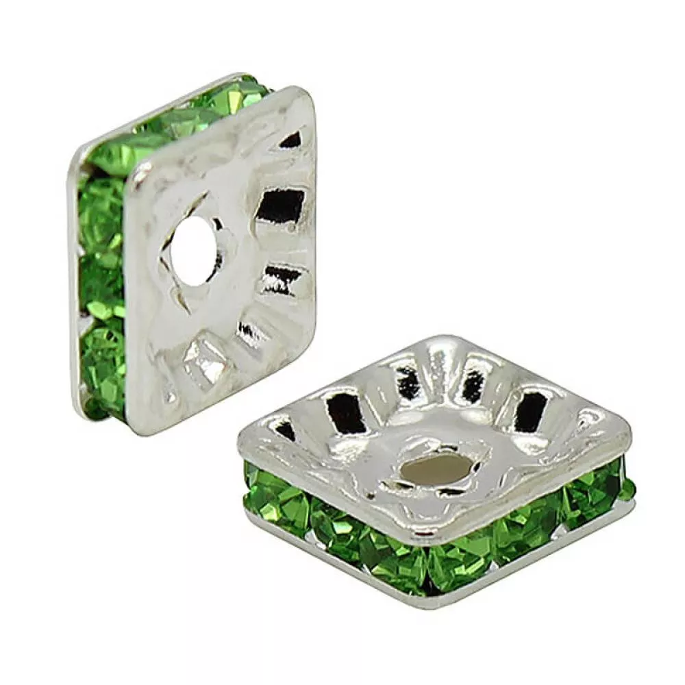 Zwischenperlen mit Strass, nickelfrei und quadratisch, silber-grün, 8 mm
