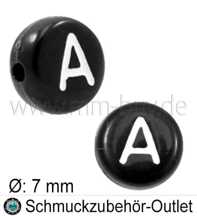 Buchstabenperlen „A“, schwarz, Acryl, Ø: 7 mm, 5 Stück