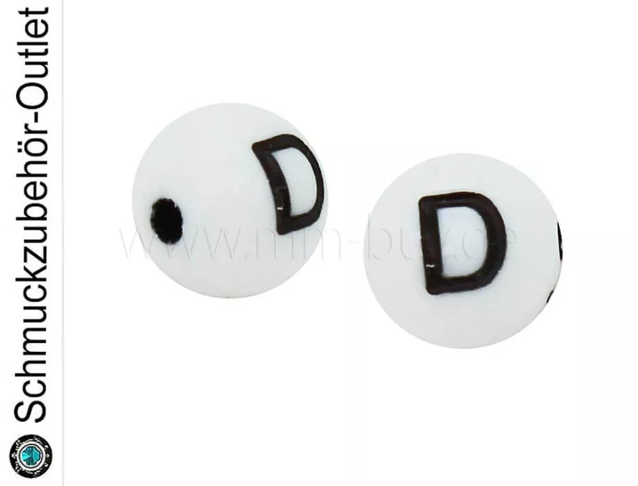 Buchstabenperlen „D“, weiß, Kunststoff, Ø: 8 mm, 5 Stück