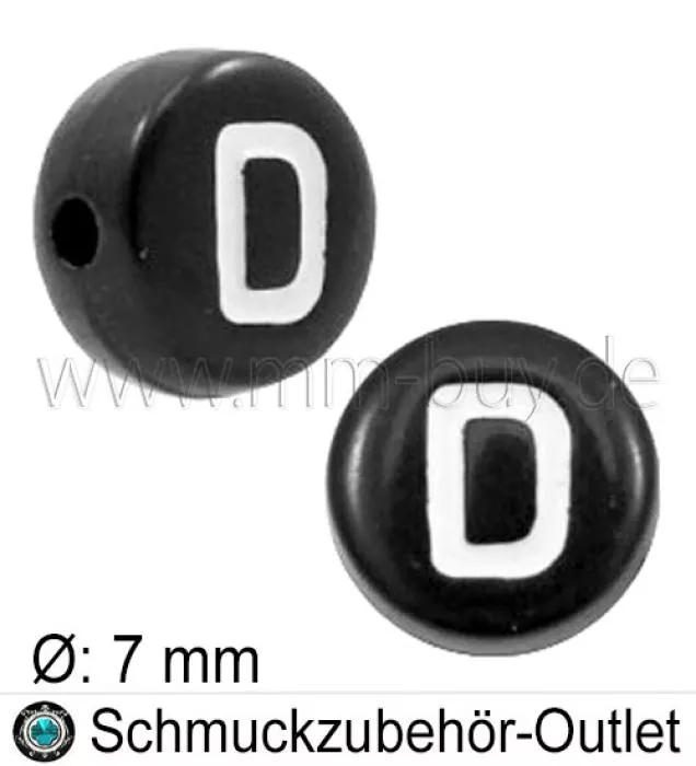 Buchstabenperlen „D“, schwarz, Acryl, Ø: 7 mm, 5 Stück