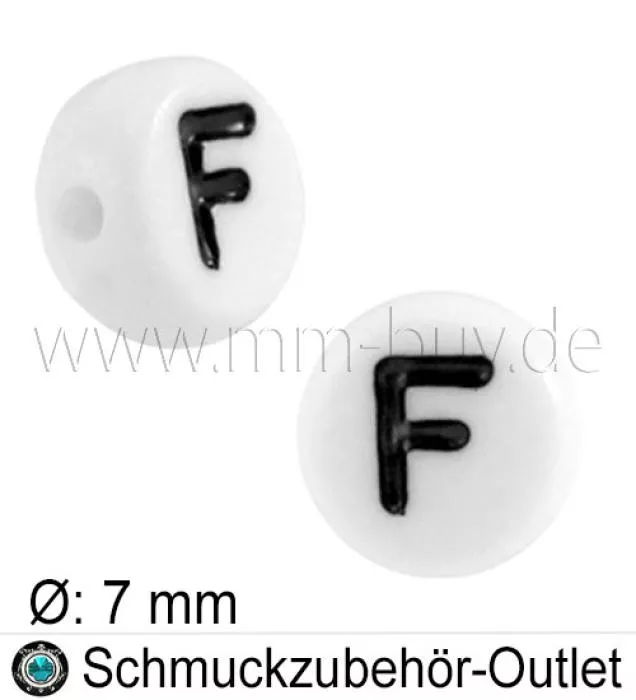 Buchstabenperlen „F“, weiß, Acryl, Ø: 7 mm, 5 Stück