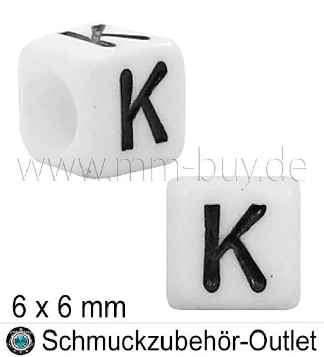 Buchstabenperlen „K“, Würfel, weiß, Ø: 6x6 mm, 5 Stück Buchstabenperlen „K“, Würfel, weiß, Ø: 6x6 mm, 5 Stück