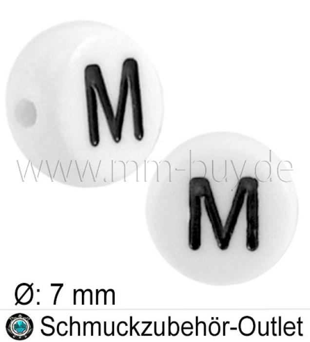 Buchstabenperlen „M“, weiß, Acryl, Ø: 7 mm, 5 Stück