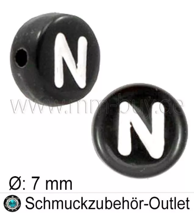 Buchstabenperlen „N“, schwarz, Acryl, Ø: 7 mm, 5 Stück