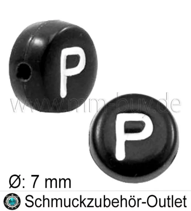 Buchstabenperlen „P“, schwarz, Acryl, Ø: 7 mm, 5 Stück