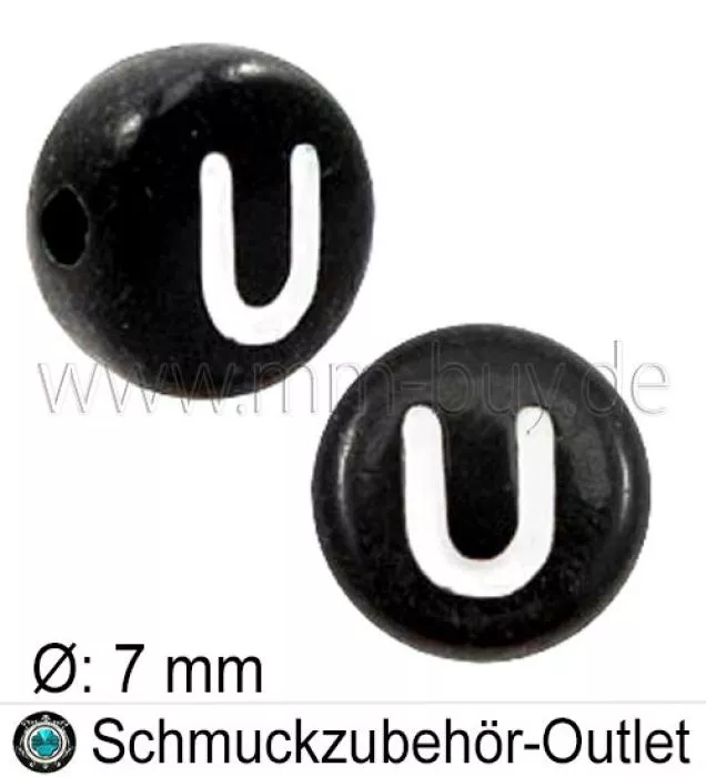 Buchstabenperlen „U“, schwarz, Acryl, Ø: 7 mm, 5 Stück