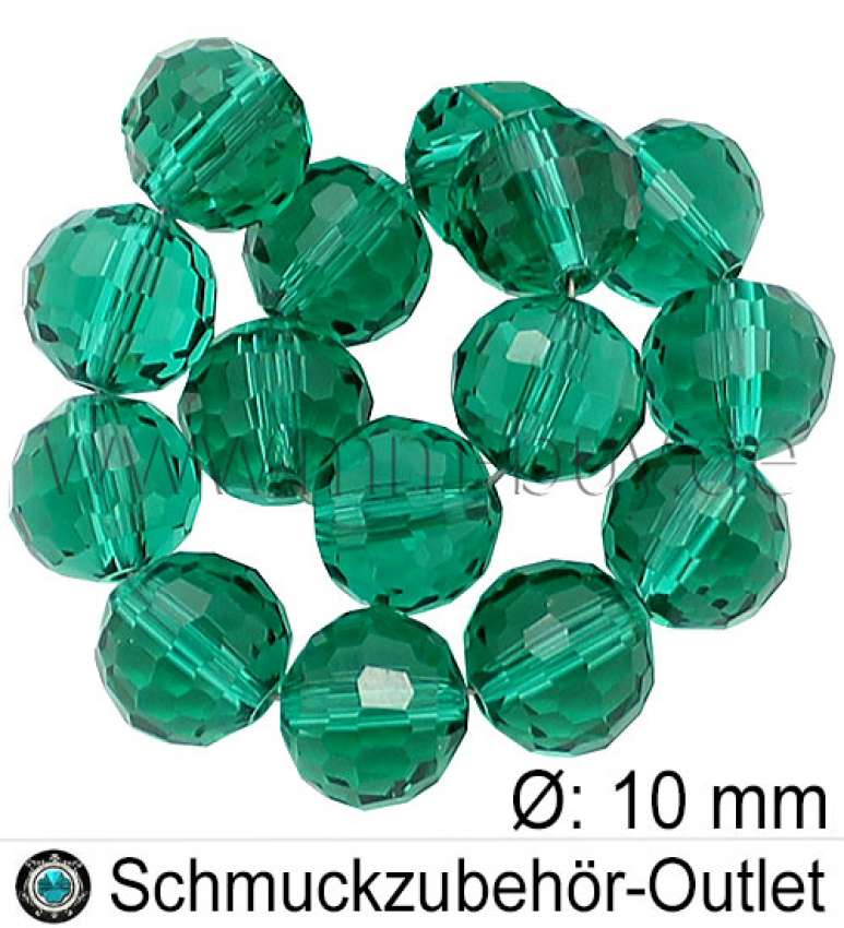 Glasschliffperlen, meergrün, rund, Ø: 10 mm, 1 Strang