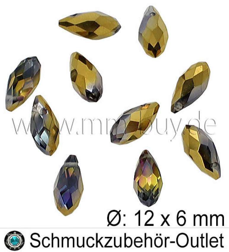 Glasschliffperlen, Tropfen, Lüster-gold, Ø: 12x6 mm, 10 Stück