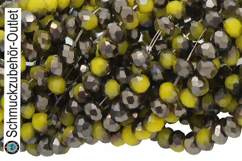 Glasschliffperlen Rondell gelb-anthrazit metallisch opak (Ø: 2 mm), 1 Strang