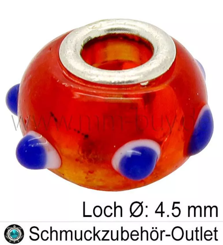 Großlochperlen, Glas, rot, Ø: 14 x 10 mm, Loch Ø: 4,5 mm, 1 Stück