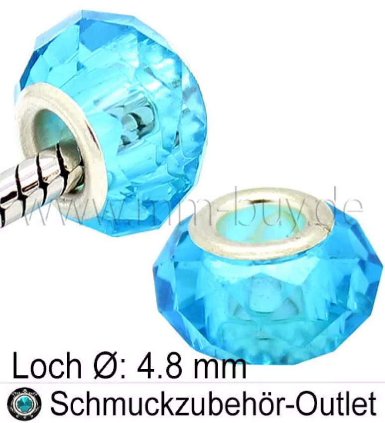 Großlochperlen, Glas, türkis, Ø: 14x8mm, Loch: 4,8 mm, 1 Stück