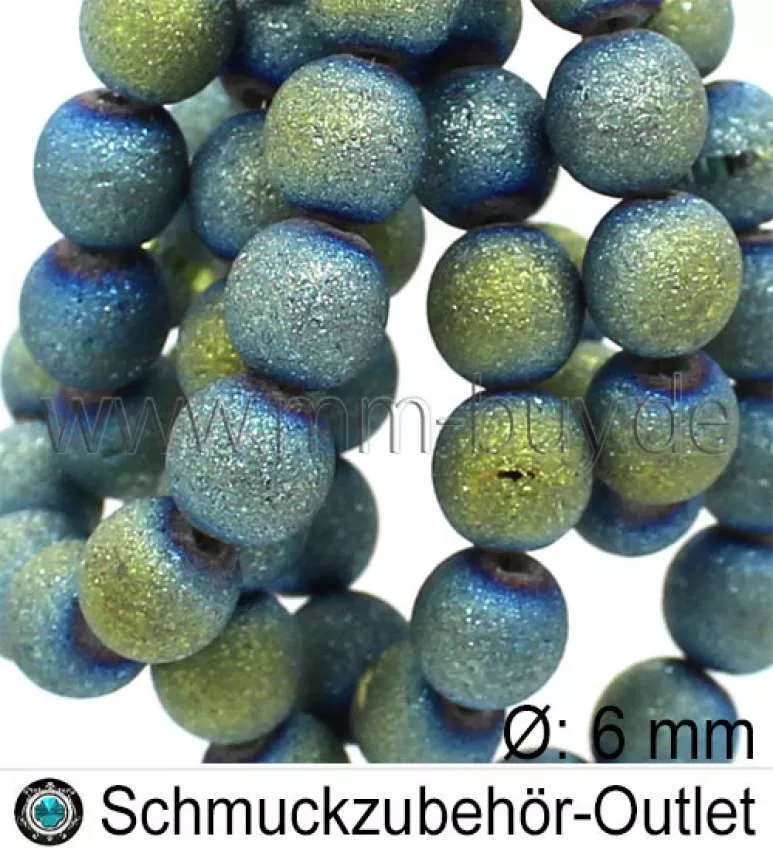 Glasperlen, Farbe: seegrün-blau, rau, matt, Ø: ~ 6 mm, 1 Strang