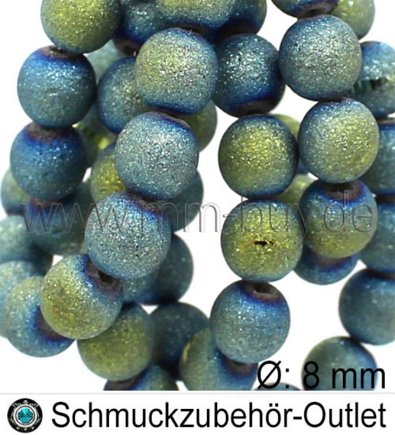 Glasperlen, Farbe: seegrün-blau, rau, matt, Ø: ~ 8 mm, 1 Strang