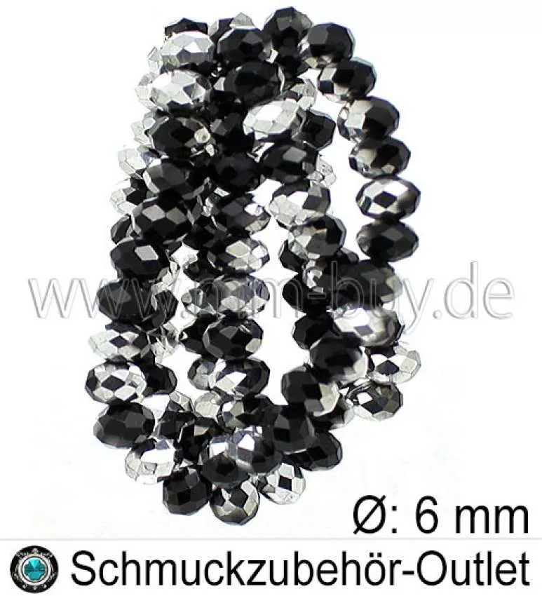 Glasschliffperlen, metallisch, schwarz-silber, Ø: 4.5x6mm, 1 Strang