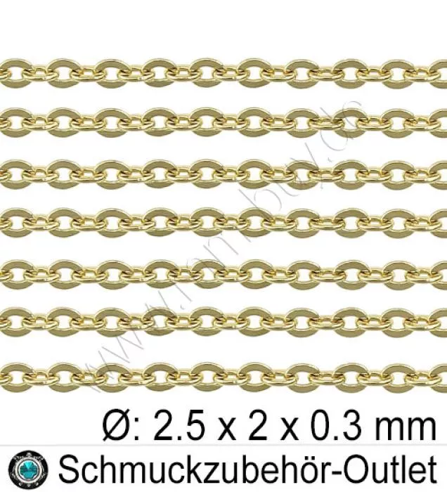 Gliederkette „Ankerkette“, nickelfrei, goldfarben, 2,5x2x0,30 mm, Meterware