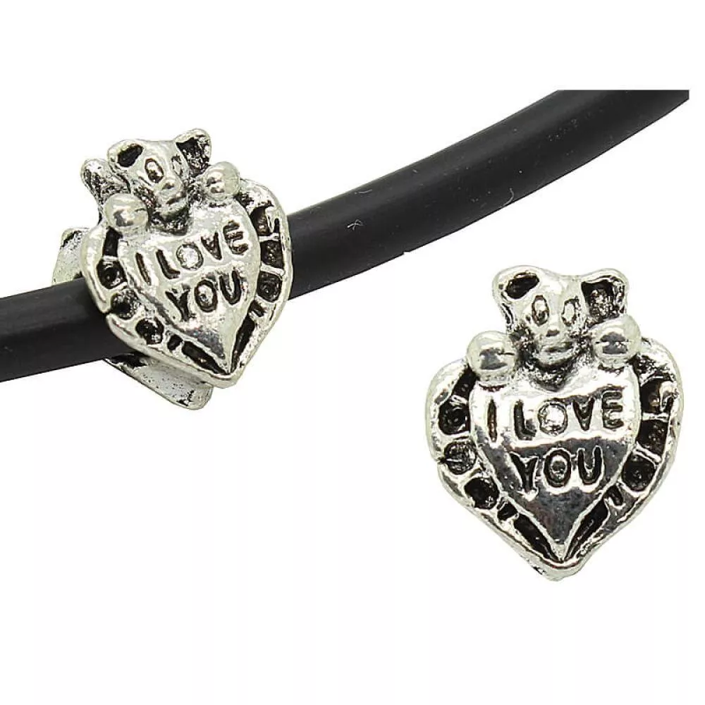 Metall Großlochperlen, Herz "I LOVE YOU", silberfarben Metall Großlochperlen, Herz "I LOVE YOU", silberfarben
