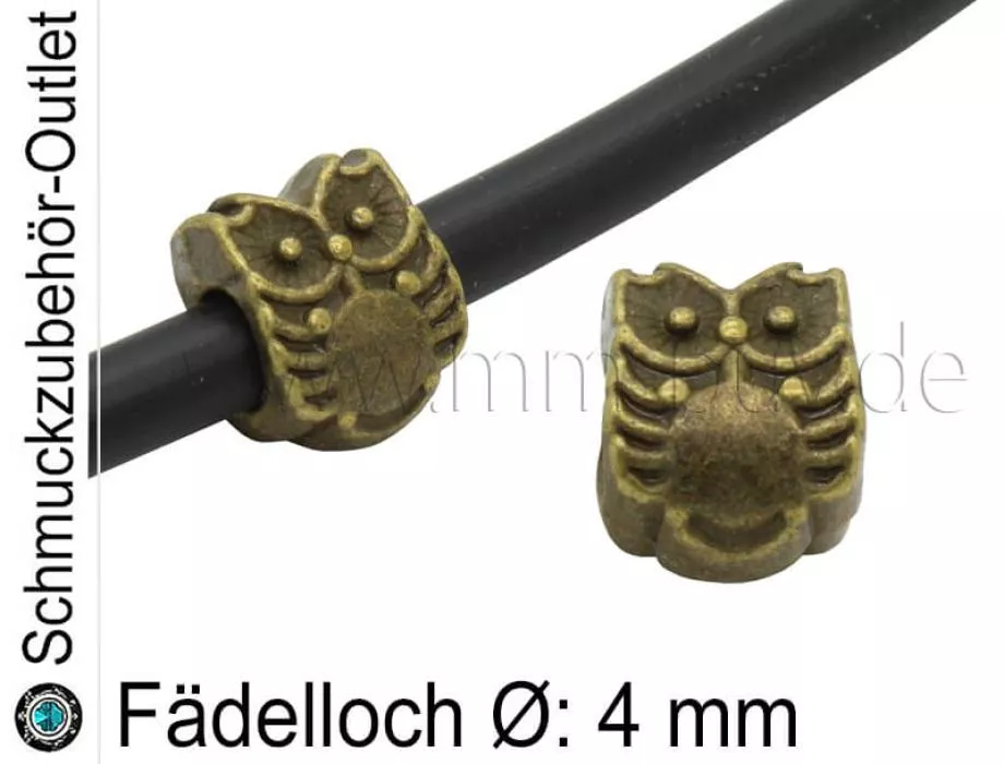 Metall Großlochperlen Eule bronze (Fädelloch Ø: 4 mm), 1 Stück
