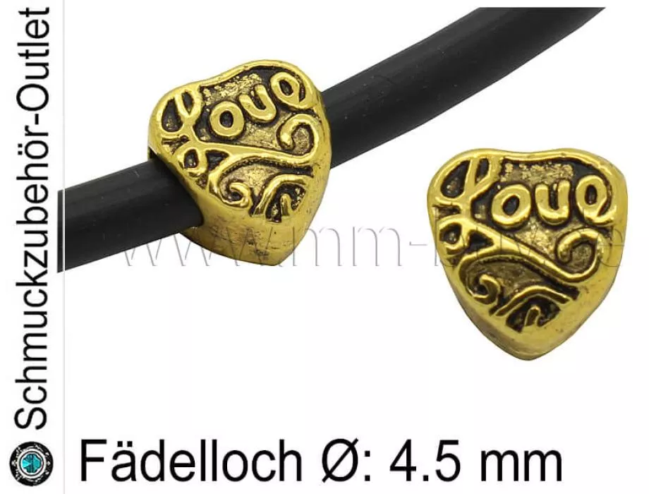 Metall Großlochperlen Herz goldfarben (Fädelloch Ø: 4.5 mm), 1 Stück