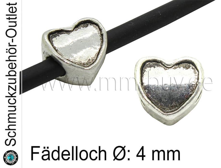 Metall Großlochperlen Herz silberfarben (Fädelloch Ø: 4 mm), 1 Stück