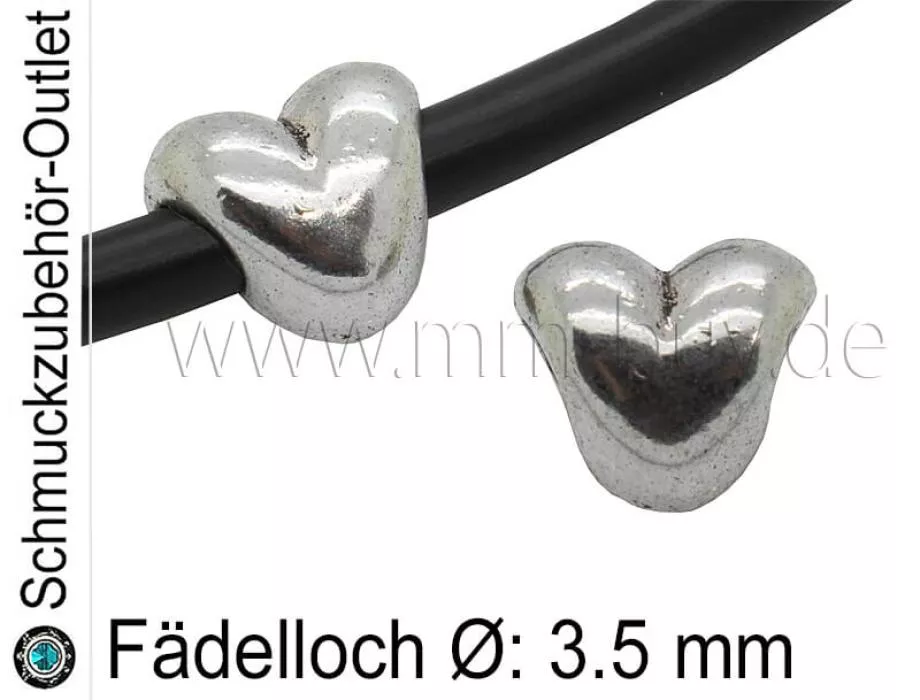 Metall Großlochperlen Herz silberfarben (Fädelloch Ø: 3.5 mm), 1 Stück
