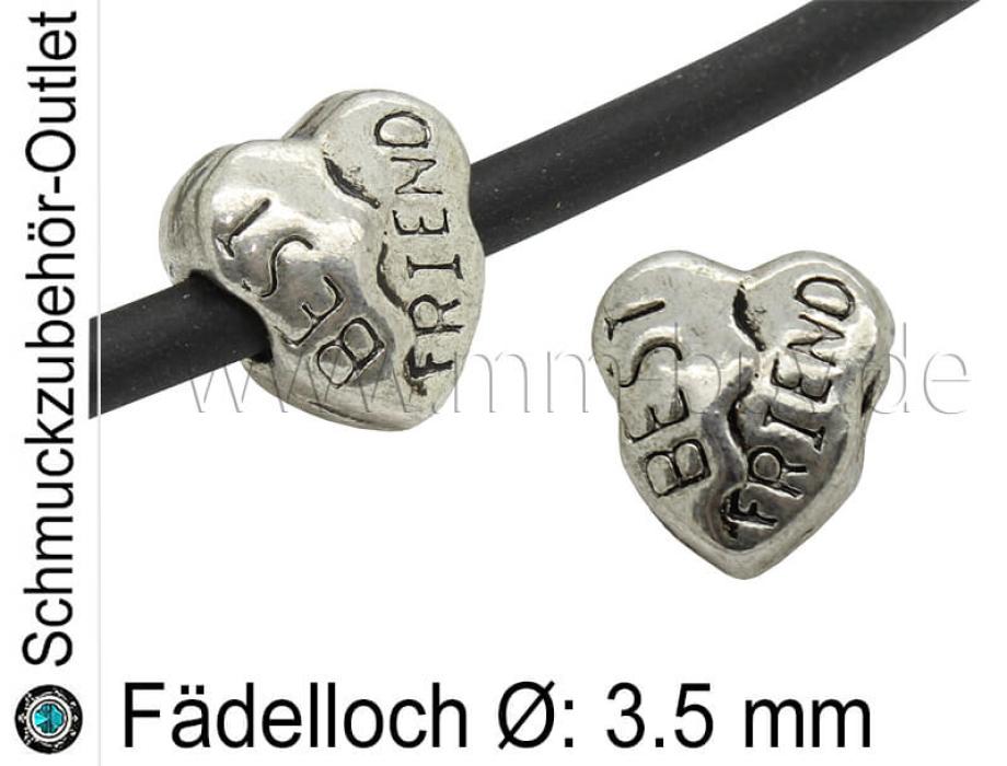 Metall Großlochperlen Herz silberfarben (Fädelloch Ø: 3.5 mm), 1 Stück