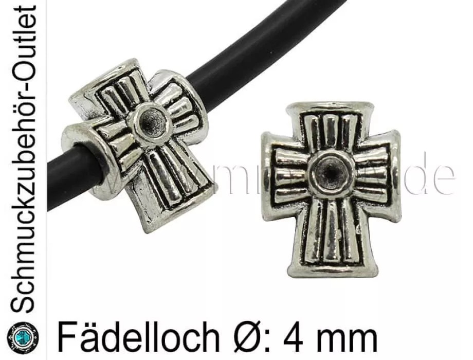 Metall Großlochperlen Kreuz silberfarben (Fädelloch Ø: 4 mm), 1 Stück