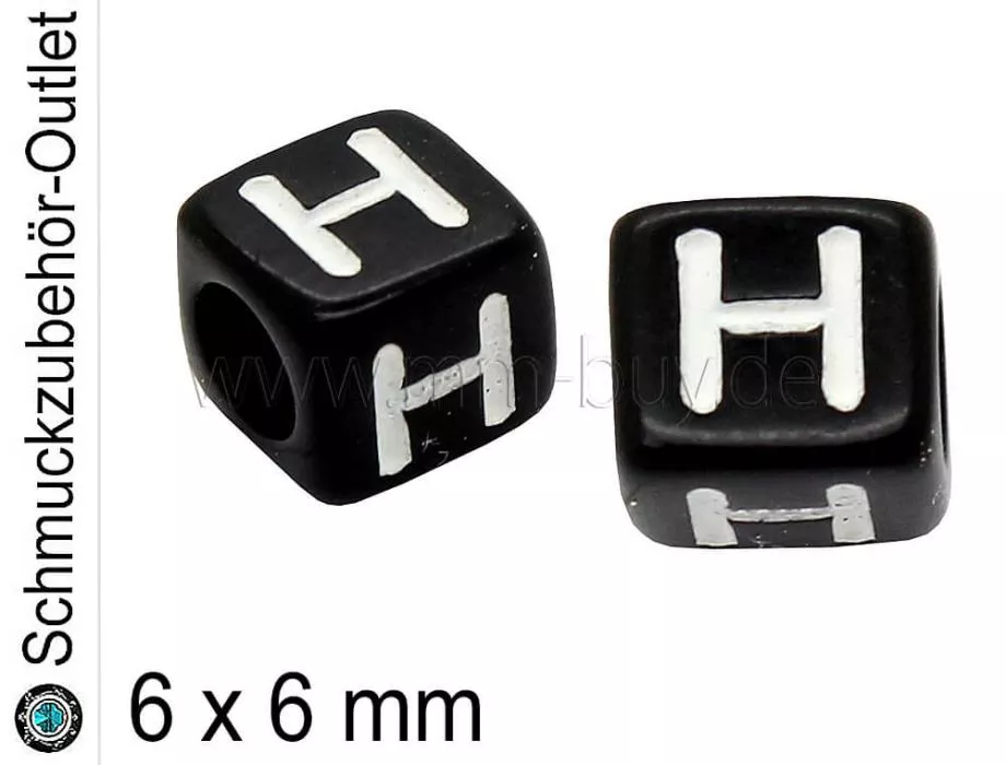 Buchstabenperlen „H“, Würfel, schwarz, Ø: 6x6 mm, 5 Stück Buchstabenperlen „H“, Würfel, schwarz, Ø: 6x6 mm, 5 Stück