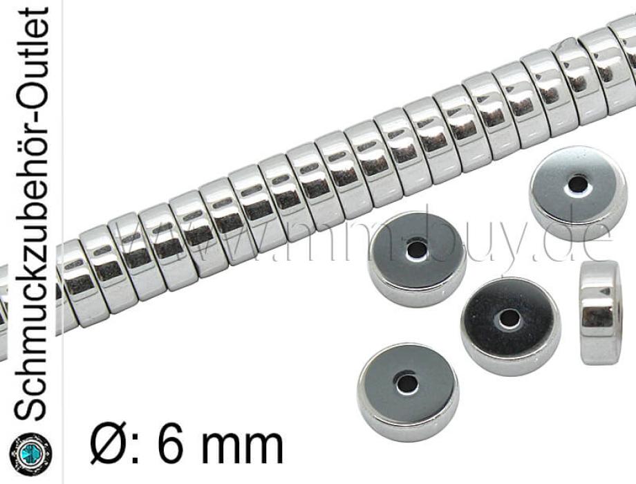 Hämatitscheiben, silberfarben, Ø: 6 mm, 1 Strang (95 Stück)