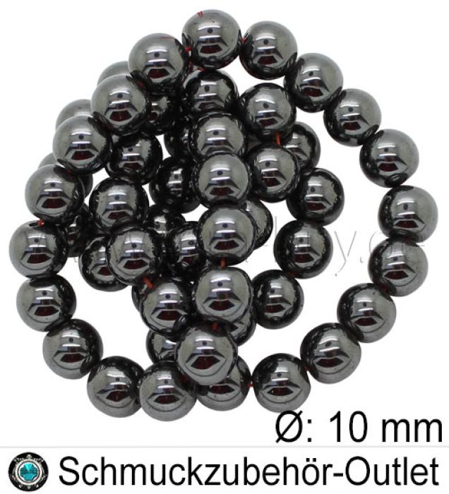 Hämatitperlen, rund, schwarz, Ø: 10 mm, 1 Strang