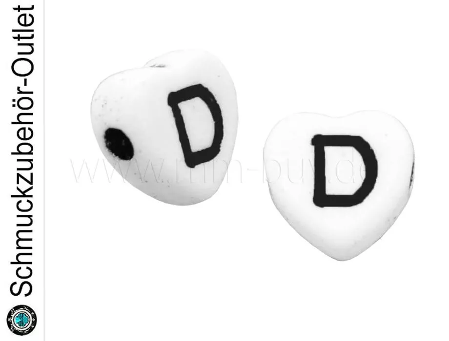 Buchstabenperlen „D“, Herz, weiß, 5 Stück