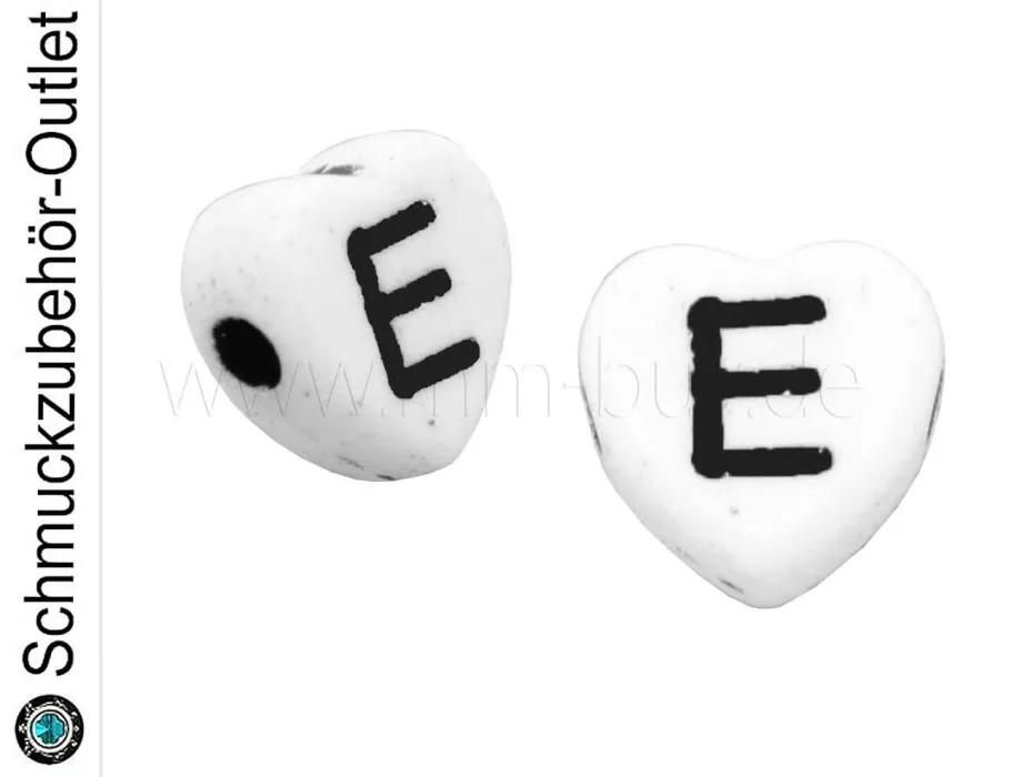 Buchstabenperlen „E“, Herz, weiß, 5 Stück