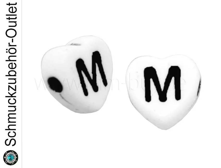 Buchstabenperlen „M“, Herz, weiß, 5 Stück