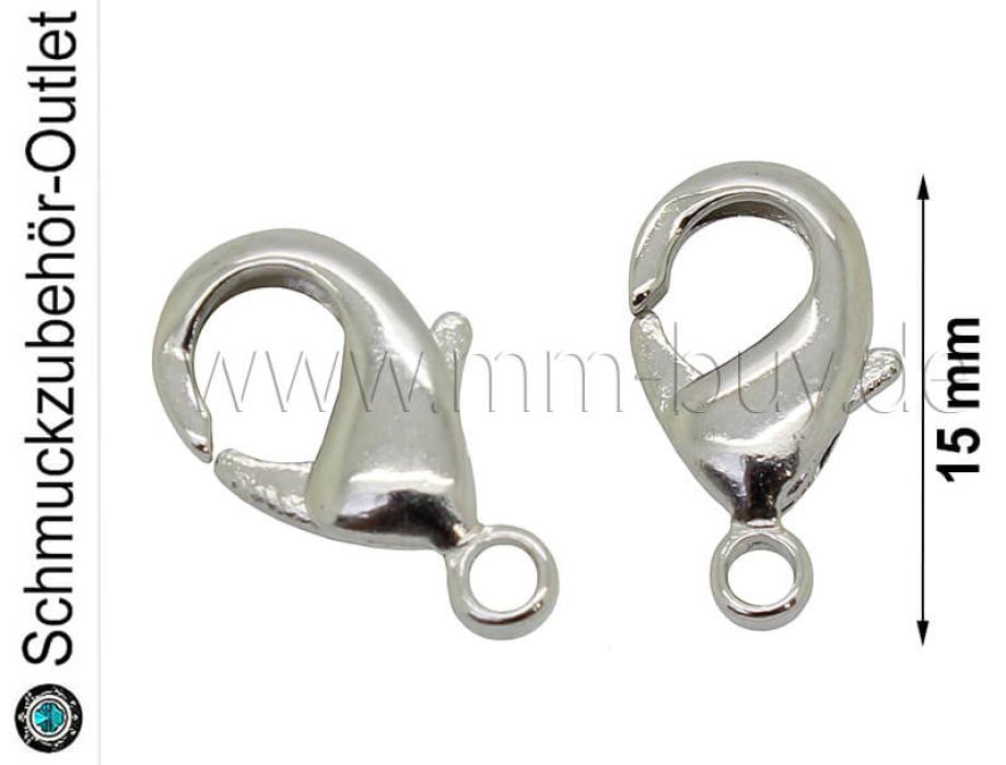 Karabinerverschlüsse, rhodiniert nickelfrei 15 mm, 5 Stück