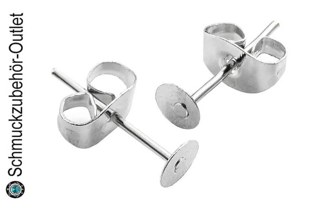Ohrstecker mit Stopper-Verschluss rhodiniert (Klebeplatte Ø: 4mm), 5 Paar (10 Stück)