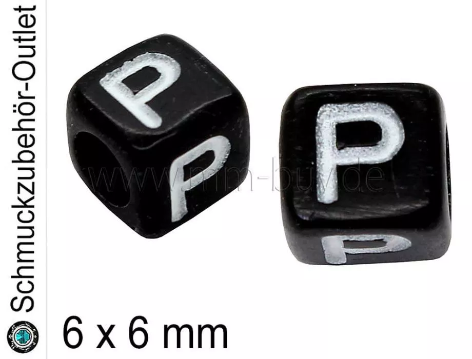 Buchstabenperlen „P“, Würfel, schwarz, Ø: 6x6 mm, 5 Stück