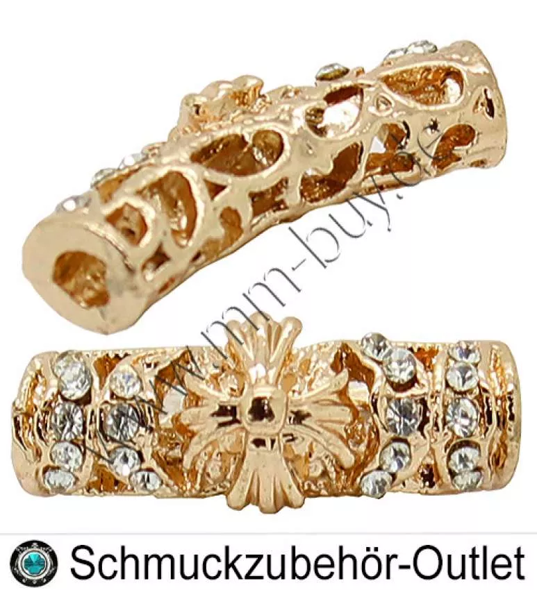 Rohrperlen mit Strass, goldfarben, Ø: 26 x 8 mm, Loch Ø: 2,5 mm, 1 Stück