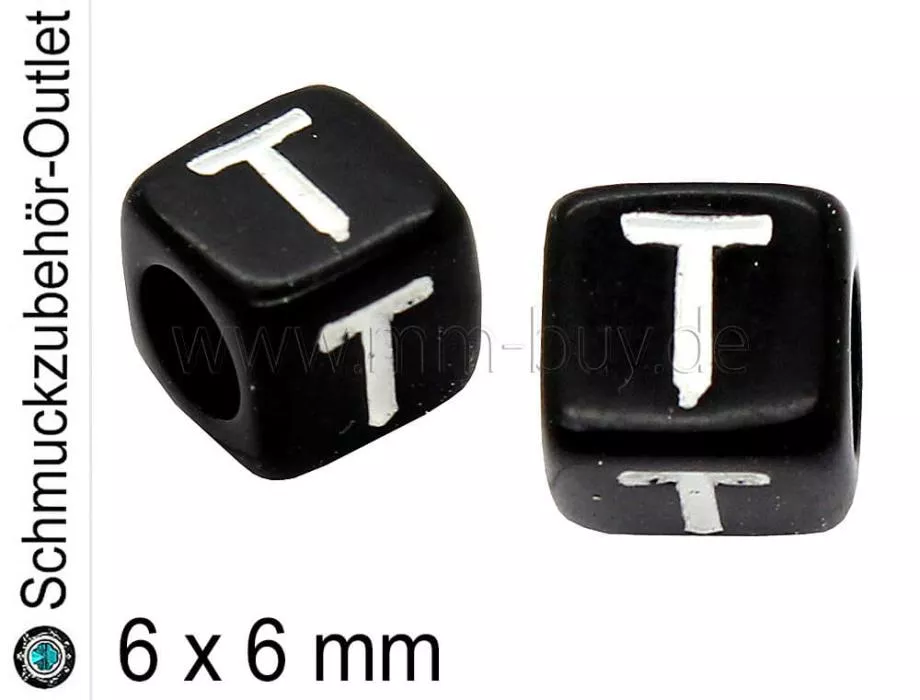 Buchstabenperlen „T“, Würfel, schwarz, Ø: 6x6 mm, 5 Stück