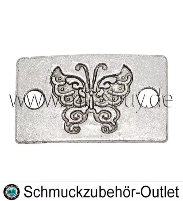 Schmuckverbinder - rechteckig mit Schmetterling, Farbe: antik silber, 27 x 16 mm, 1 Stück