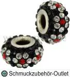 Großlochperlen mit Strass, silber-rot-schwarz, Ø: 9x15 mm, Loch Ø: 4.8 mm, 1 Stück