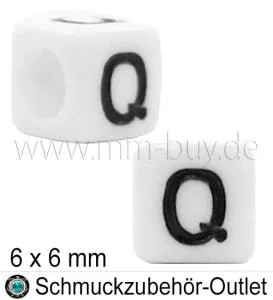 Buchstabenperlen „Q“, Würfel, weiß, Ø: 6x6 mm, 5 Stück